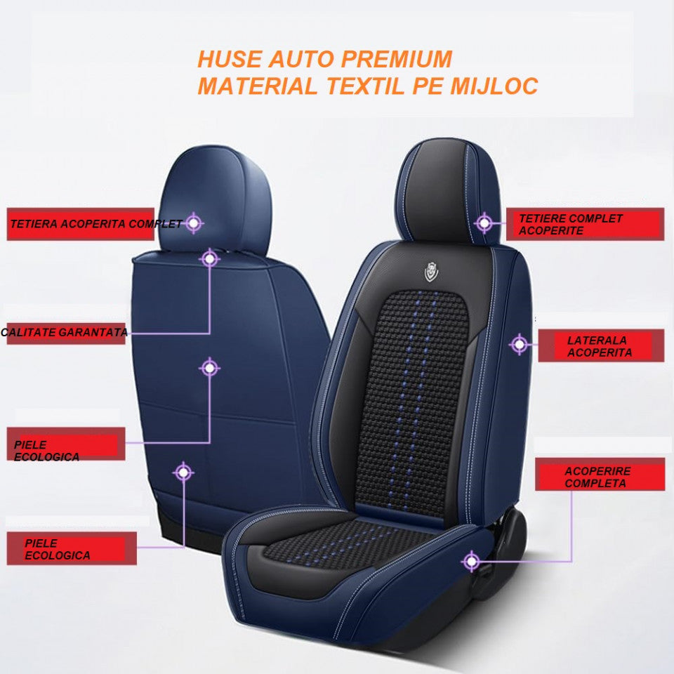 Huse auto KIA Elite Negru + Albastru (Textil + Piele )